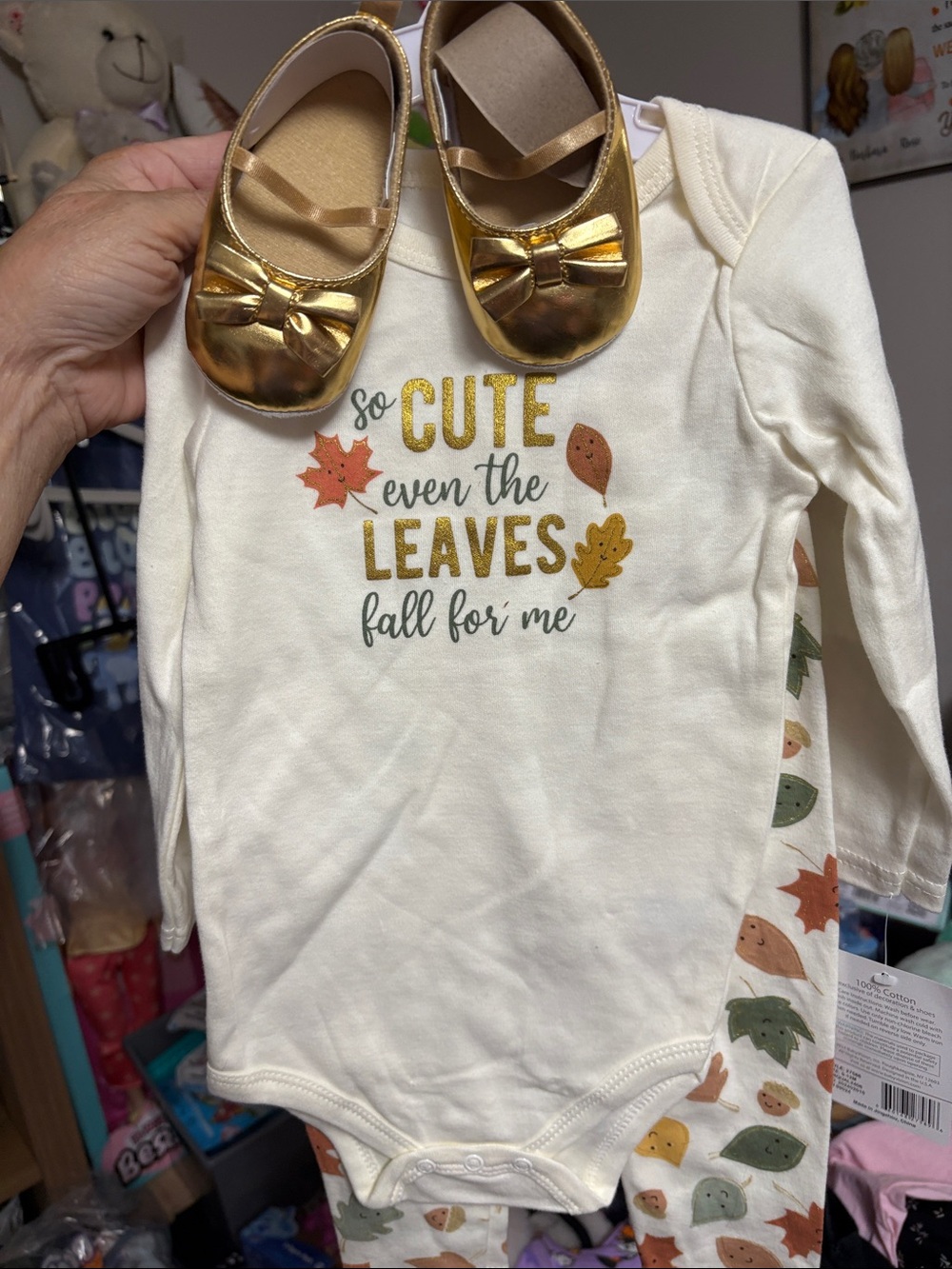 Hudson Baby Cream One-Piece Bodysuit with Gold and Fall Leaf Graphic